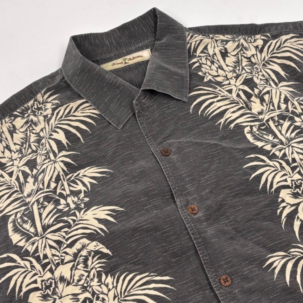 Tommy Bahama Men's XL Silk Camp Gray Tropical Palm Floral Panel Shirt